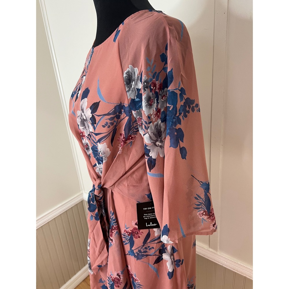 Lulus Dusty Rose Floral Faux Wrap Midi Dress Tie Front Keyhole Small NEW - Picture 11 of 12
